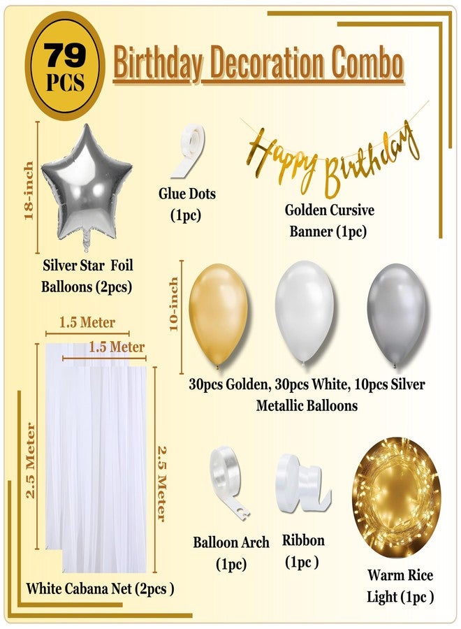 1iAM Happy Birthday Decoration Kit - 79 Pcs | Golden, White & Silver | Balloons, Banner, Net, LED Light, Ribbon, Arch Tape, Glue Dots - Party Decorations for Baby, Boys, Girls, Husband, Wife - Image 2